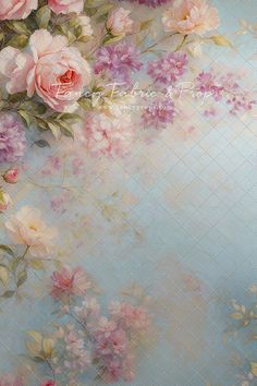 a blue background with pink and white flowers on the bottom right corner is an image of roses in pastel shades