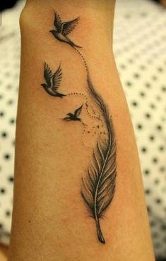 a woman's foot with a tattoo on it and two birds flying in the sky