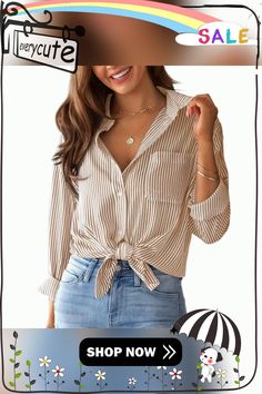 Khaki Striped Print Long Sleeve Pocket Shirt Money Outfit, Shirt With Pocket, Pocket Shirt, Basic Style, Women Tops, Shirt Women, Neck Shirt, Stripe Print, Shirt Blouses