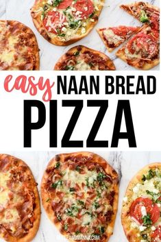 an easy naan bread pizza with tomatoes, cheese and spinach on the top