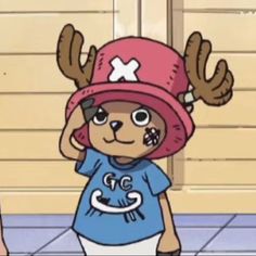 a cartoon character wearing a red hat and blue shirt with antlers on it's head