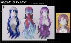 three different colored wigs with long hair on top and bottom, all in different colors