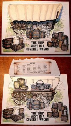 two pictures of an old fashioned wagon with barrels on the front and back, one is labeled