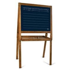 a wooden easel with writing on it and an open chalkboard attached to the back