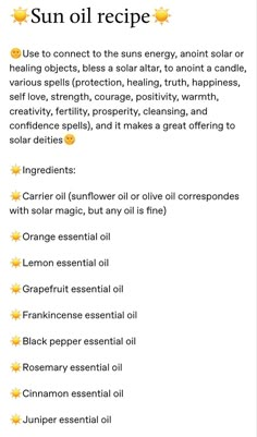 Apollo Altar Ideas, Hoodoo Rituals, Spell Oil Recipe, Sun Magick, Witchy Oils, Witchcraft Oils, Wicca Oils, Witch Oils, Planetary Magick