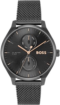 BOSS HB1514105 TYLER Heren Horloge    - Behuizing gemaakt van staal, in de kleur zwart  - Horlogeband gemaakt van staal, in de kleur zwart, met druksluiting  - Quartz uurwerk, werkt op batterijen  - Datum weergave  - Voorzien van mineraalglas, krasbestendig  - 5 ATM waterdicht, geschikt om mee te douchen.  - Breedte van de behuizing is 43 mm  - Dikte van de behuizing is 9.9 mm    Het merk Hugo Boss is wereldwijd bekend door de hoge kwaliteit en elegantie. De horloges zijn luxe, met oog voor deta Watches Collection, Gents Watches, Boss Black, Mesh Bracelet, Hugo Boss Man, Black Stainless Steel, Steel Watch