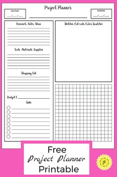 a printable project planner is shown with the text, free project planner printable