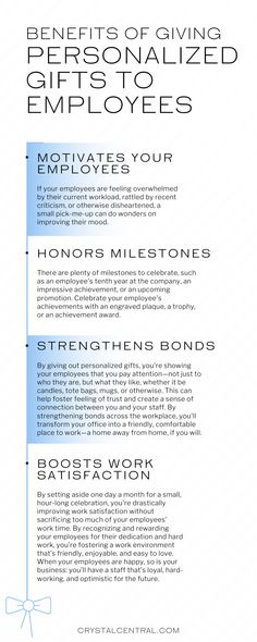 a blue and white flyer with the words benefits of giving personalized employees an employee's