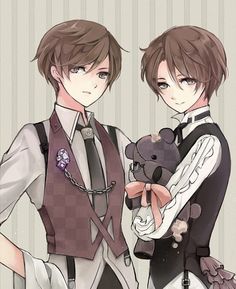 two anime characters are standing next to each other with their arms around one another and holding a teddy bear