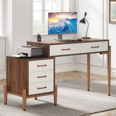 Modern Computer Desk, Home Office Desk with 5 Drawers File Cabinet Tribesigns Desk Clutter, Desk With File Drawer, Printer Cabinet, Small Printer, Modern Home Office Desk, Makeup Vanity Desk, Writing Desk With Drawers, Modern Computer Desk, Desk Study