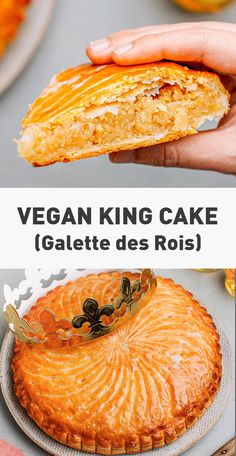 vegan king cake galette des rois with oranges in the background and text overlay