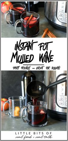 instant pot mulled wine is being poured into mugs