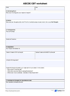 Target your client’s negative thought processes and help them find alternative and more effective thoughts with our ABCDE Worksheet based on the principles of Cognitive Behavioral Therapy. Rebt Therapy Worksheets, Cognitive Behavior Therapy Worksheets, Cbt Therapy Worksheets, Cbt Activities, Behaviour Therapy, Mental Space, Cbt Worksheets, Triangle Worksheet, Counseling Worksheets