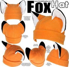 an orange hat with black and white ears is shown in four different angles, including the fox's head