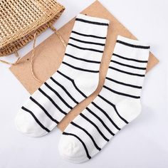 Black-White Cotton Socks – Ibentoy Kawaii Socks, Fringe Shoes, Fashion Black And White, Low Heel Shoes, Outdoor Fashion, Striped Socks, Fashion Black, Black Slip Ons, Cotton Socks