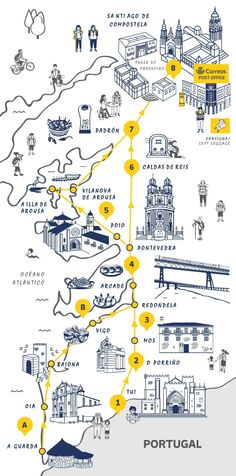 a map showing the locations of different towns and attractions in portugal, with yellow lines