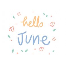 the words hello june written in blue and orange with flowers around it on a white background