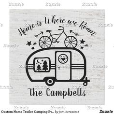 a wooden sign that says,'where we are from the campsite'with an image of a camper and bicycle