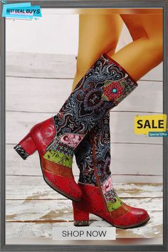 Vintage Ethnic Patchwork Floral Chunky Heel Boots Vintage Multicolor Boots For Fall, Retro Multicolor Boots For Winter, Red Bohemian Boots For Fall, Multicolor Bohemian Boots For Spring, Bohemian Multicolor Boots For Spring, Bohemian Fitted Boots For Fall, Fitted Bohemian Winter Boots, Multicolor Bohemian Boots For Festivals, Bohemian Multicolor Boots For Festivals