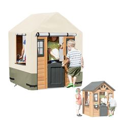 two children playing in a play house with the door open and one child standing outside