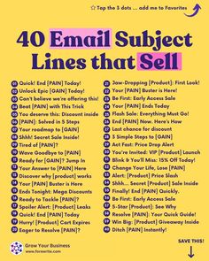 a poster with the words 40 email subject lines that sell in pink and purple on yellow