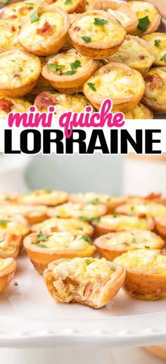 mini quiche tortilla cups on a white plate with the title overlay