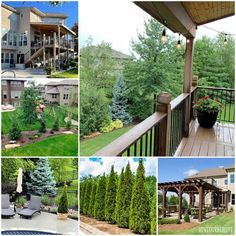 several pictures of different houses and trees in the same photo, including an outdoor deck