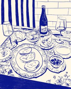 a drawing of a table with plates, glasses and wine bottles on top of it