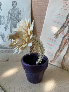 a flower in a purple vase sitting on top of a table next to medical diagrams