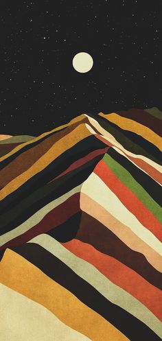 the moon is shining in the sky over a mountain range with multicolored stripes