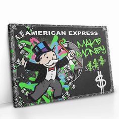 an american express sign is displayed on a white wall with graffiti and money in the background