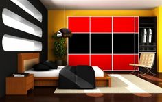 a modern bedroom with black, red and yellow colors on the walls is pictured in this artist's rendering