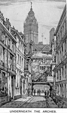 an old black and white drawing of a street with people walking on the sidewalk in front of tall buildings