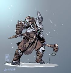 an image of a cartoon character in the snow holding a knife and wearing a horned outfit