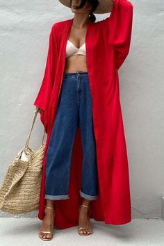 Oversized Bleted Kimono Robe Look Kimono, Kimono Outfit, Mode Kimono, Beach Kimono, Red Maxi, Boho Kimono, Swimwear Outfit, Wide Sleeves, Dress And Heels