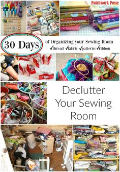 the cover of 30 days of organizing your sewing room, with pictures of various items