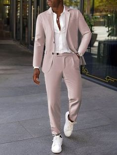 Summer Formal Outfits Men Wedding, Men’s Pink Suit, Rose Gold Groomsmen Attire, Pink Formal Outfit Men, Pastel Color Outfit For Men, Cream Suits For Men, Prom Men Outfit, Mens Suits Style Modern