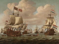 a painting of ships in the ocean with flags flying from them and another boat on the water