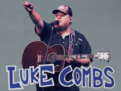 a man holding a guitar and singing into a microphone with the words luke combs on it