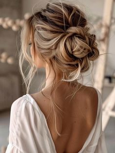 Messy Formal Hair, Bridal Bun Messy, Wedding Messy Updos For Long Hair, Up Dos Bridesmaids, Bridesmaid Low Messy Bun, Loose Up Do Wedding Hair, Messy Bun For Bride, Messy Low Updo, Bride Messy Updo Hairstyles