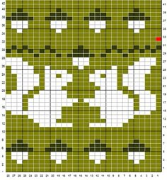 a cross stitch pattern with green and white flowers in the center, as well as red dots