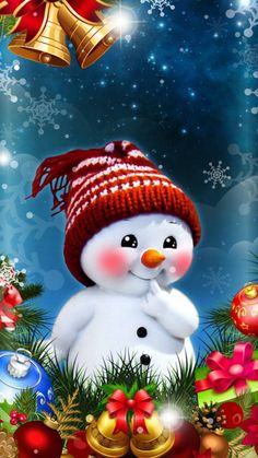 a snowman with a red hat and scarf on is surrounded by christmas decorations, bells and baubles