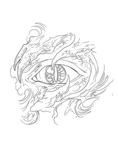 a drawing of an eye with flames coming out of the iris's eyes, in black and white