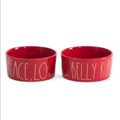 two red bowls with the words peace and belly ring written on them are $ 50 each