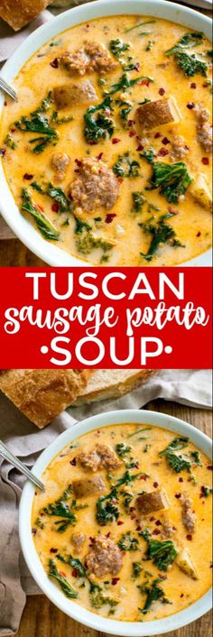 two bowls filled with sausage and potato soup on top of a wooden table next to bread