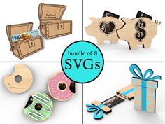 wooden toys are shown with the words bundle of 3 svg's on them