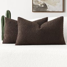 two brown pillows sitting on top of a white couch next to a cacti