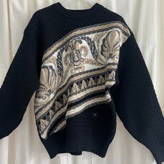 Size M Oversized So Fits All Jacquard Knit Pattern Across The Front Incorporating Classic Architectural Motifs Like Scanthus Leaves, Fleur De Lis, Shell I Love These Braided Border Detail!! In Pre-Loved Excellent Condition Balenciaga Sweater, Vintage Knit Sweater, Balenciaga Black, Jacquard Knit, Knit Pattern, Vintage Knitting, The 80s, Knit Patterns, Knit Sweater