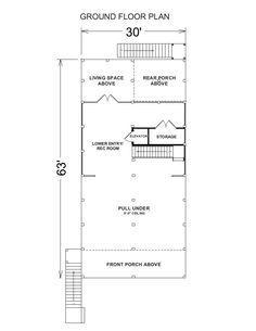 the ground plan for a three story house with stairs and second floor above it is shown