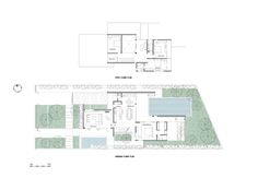 two drawings of the ground plan for a house with swimming pool and outdoor living area